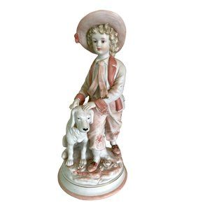 Vintage Figurine Boy with Dog in Pink Andrea by Sadek Bisque Porcelain 10"